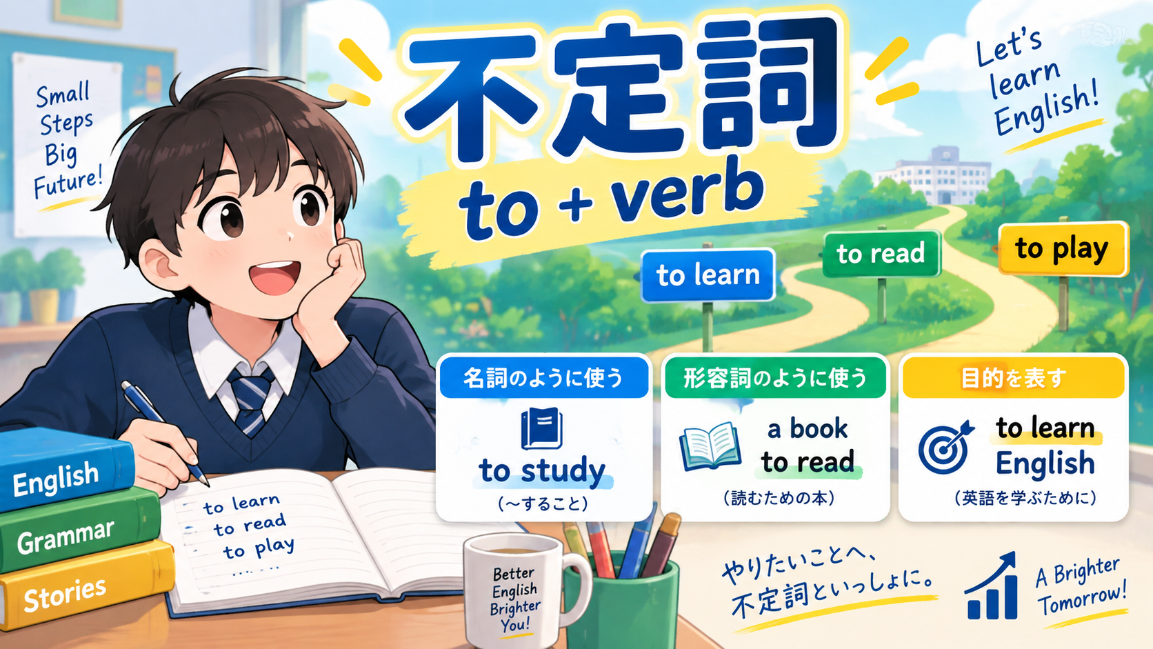不定詞のto＋動詞の原形と3つの用法を学ぶ英語学習イラスト
